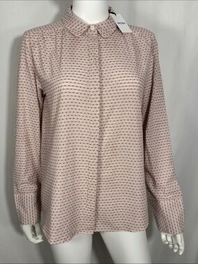 Brora NWT Cotton Geometric Print Blouse Pink Shell Ivory Size 6 Peter Pan Collar